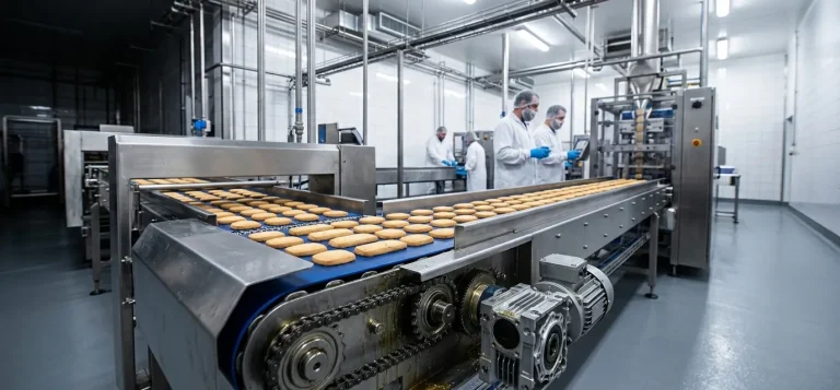 Esteira de uma indústria de alimentos levando biscoitos para a embalagem